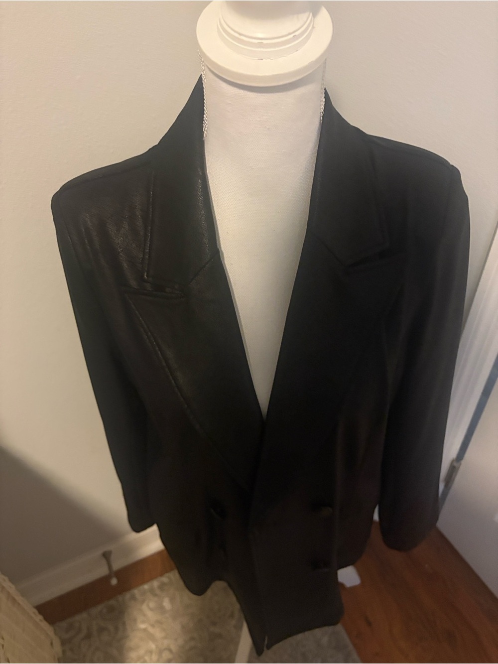 CLARA SUN WOO Black Liquid Leather Signature Double-Breasted Blazer